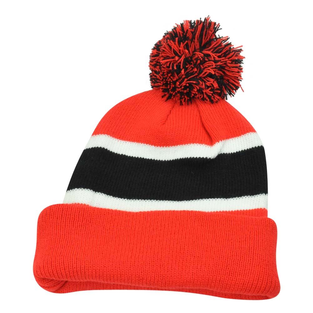 Plain Blank Striped Cuffed Red Black Thick Hat Beanie Pom Pom Knit Skully Toque