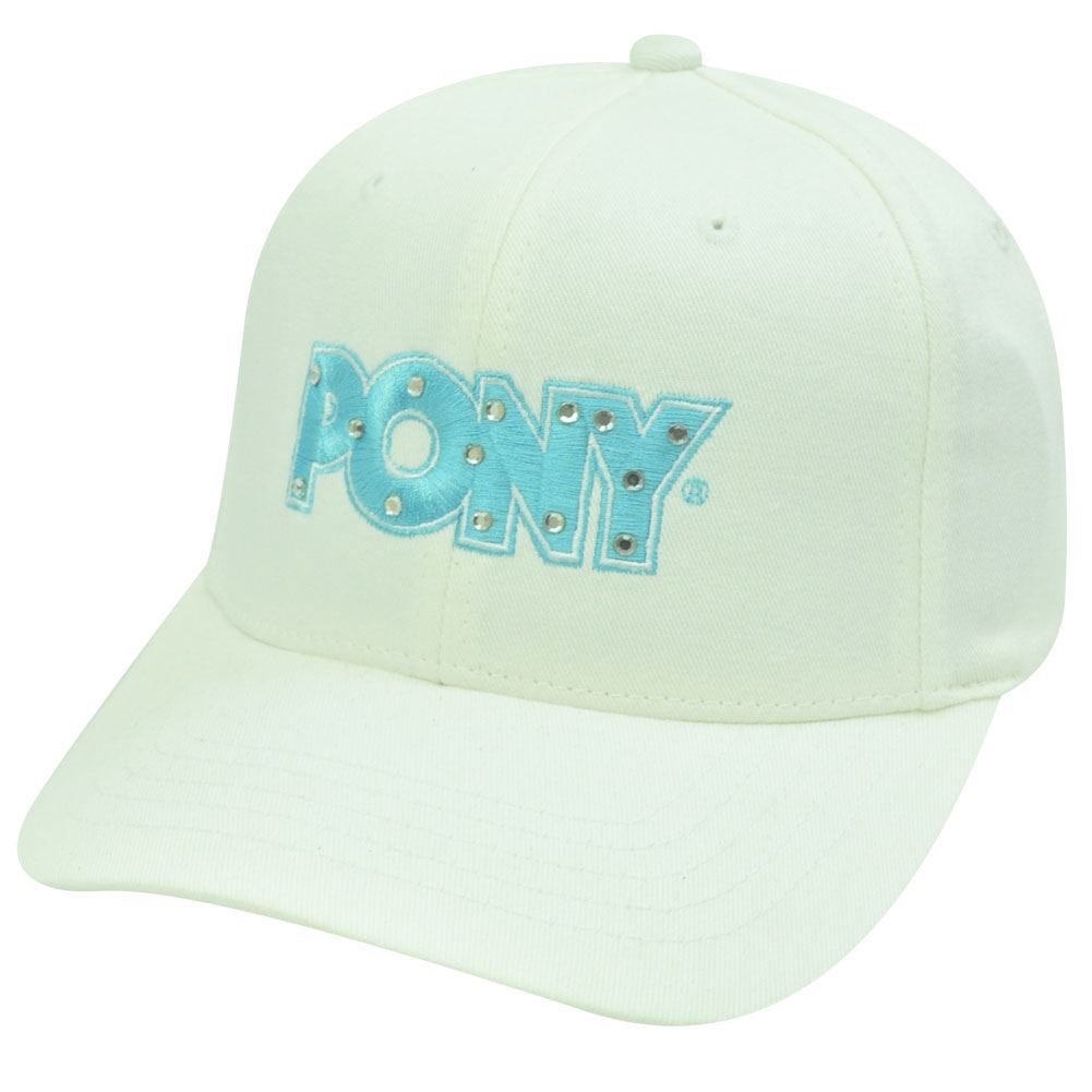 PONY WOMEN WHITE BLUE RHINESTONE HAT CAP FLEX FIT SM MD