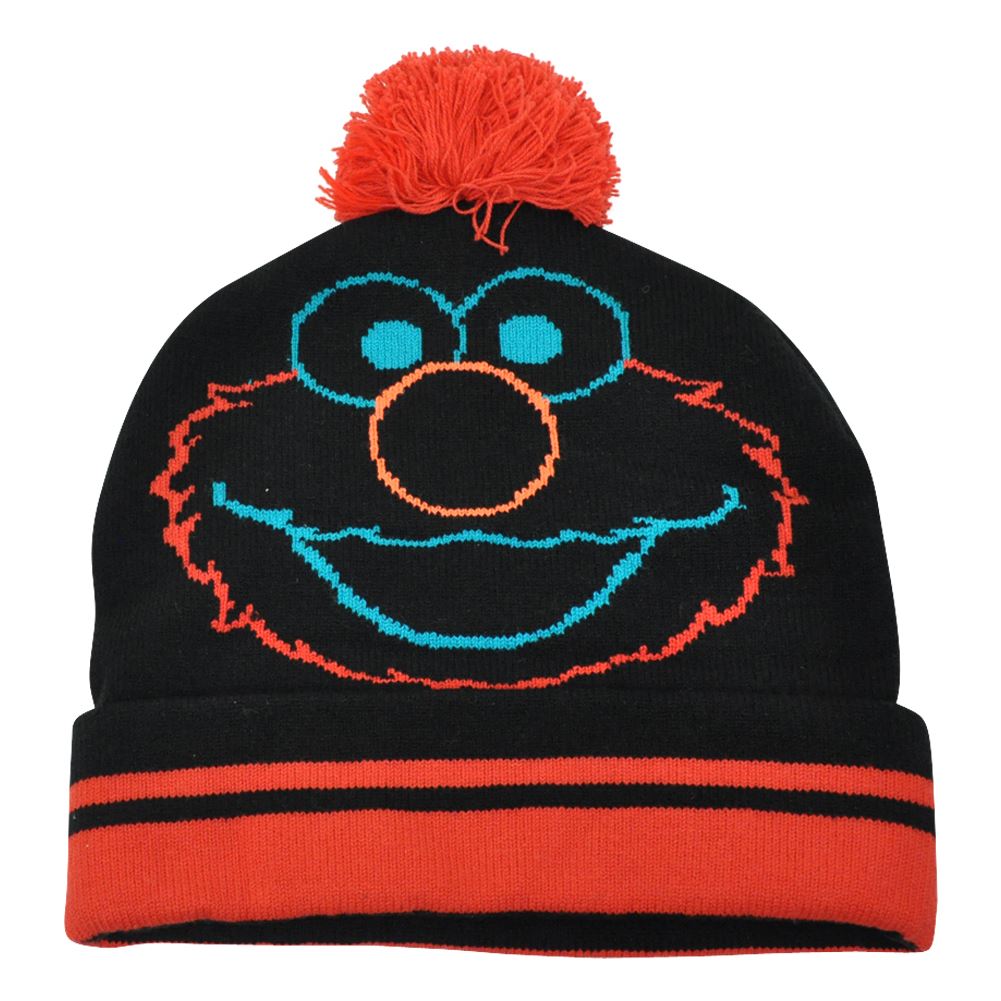 Elmo Sesame Street Day Glow Beanie Pom Pom Knit Hat Skully Puppet Winter Black