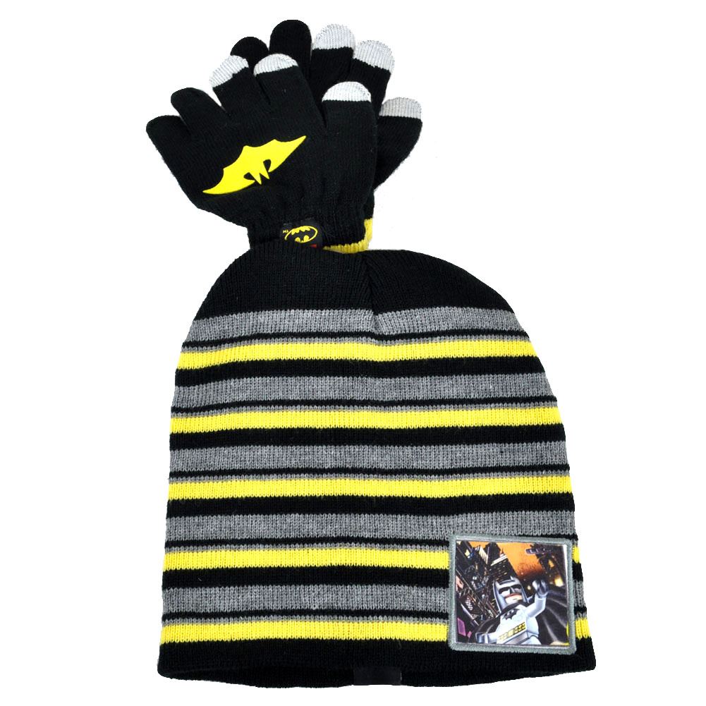 Lego Batman The Dark Knight Earflaps Beanie Yellow Black Knit Set Mittens Gloves