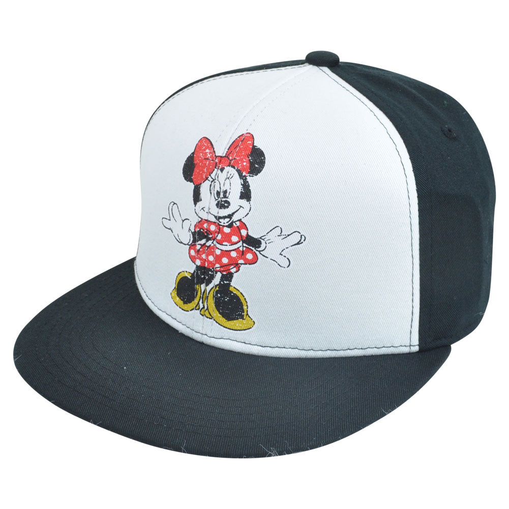 Disney Minnie Mouse Distressed Retro Flat Bill Two Tone Snapback White Hat Cap
