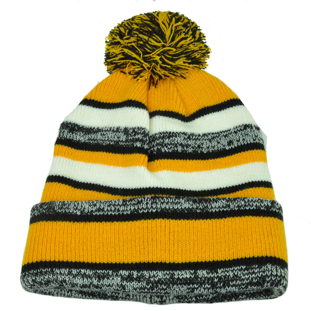 Striped Yellow Black Cuffed Knit Beanie Hat Winter Pom Pom Toque Thick Blank
