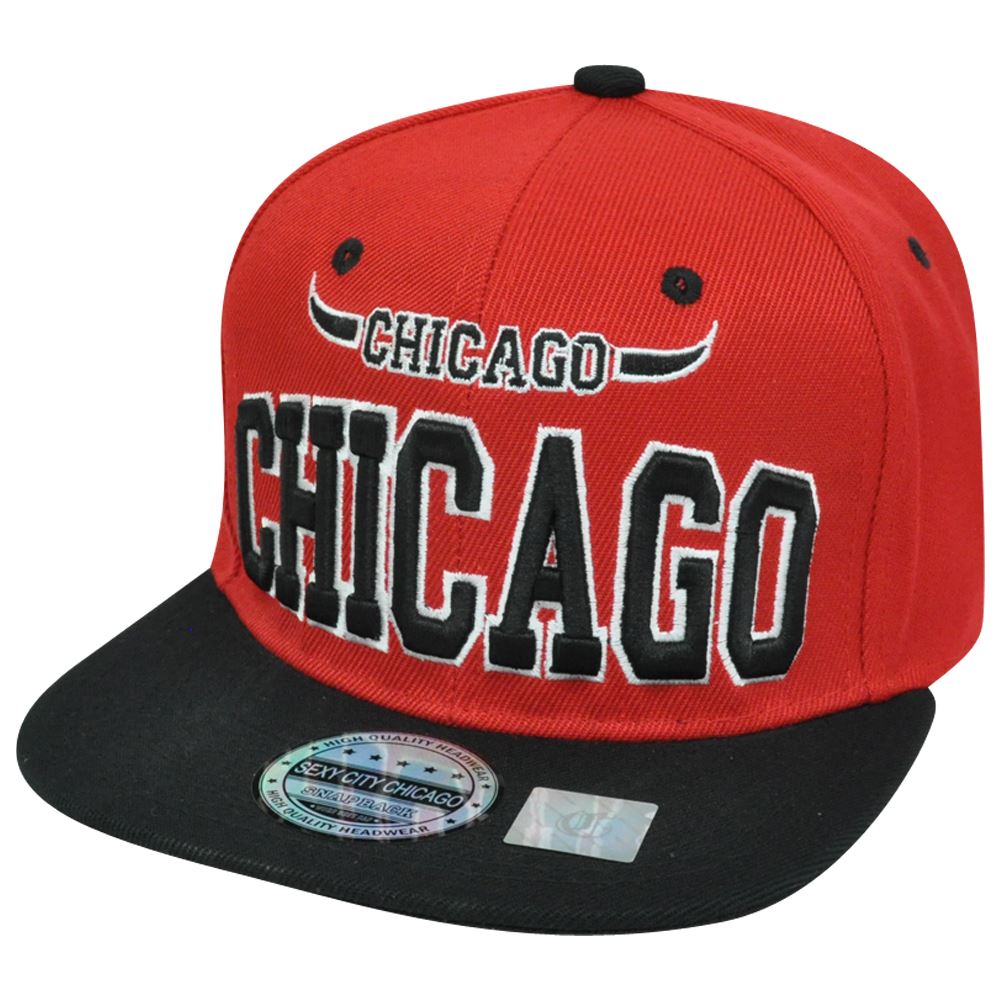 Chicago Illinois Chi Town Windy City USA Bull Horns Red Black Snapback Hat Cap