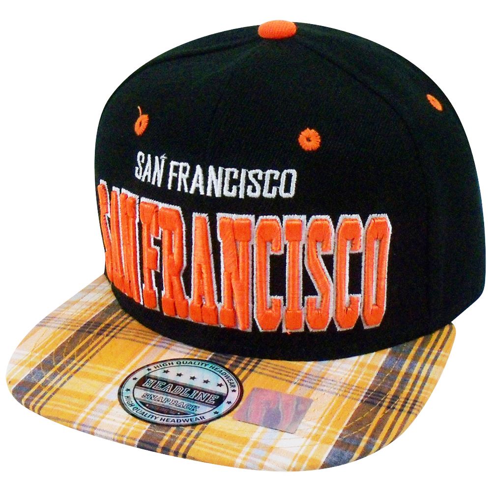Plaid San Francisco Flat Bill California Snapback Orange Hat Cap Constructed USA