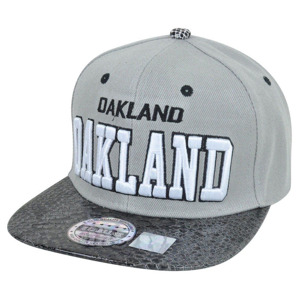 Oakland City Dark Animal Snake Skin Faux Grey Black Snapback Flat Bill Hat Cap