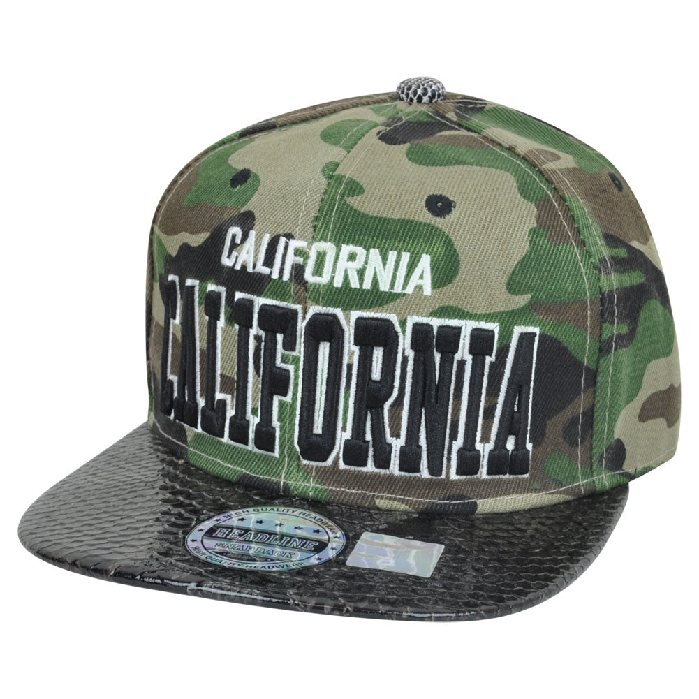 California Cali State Dark Snake Skin Faux Camouflage Snapback Flat Bill Hat Cap