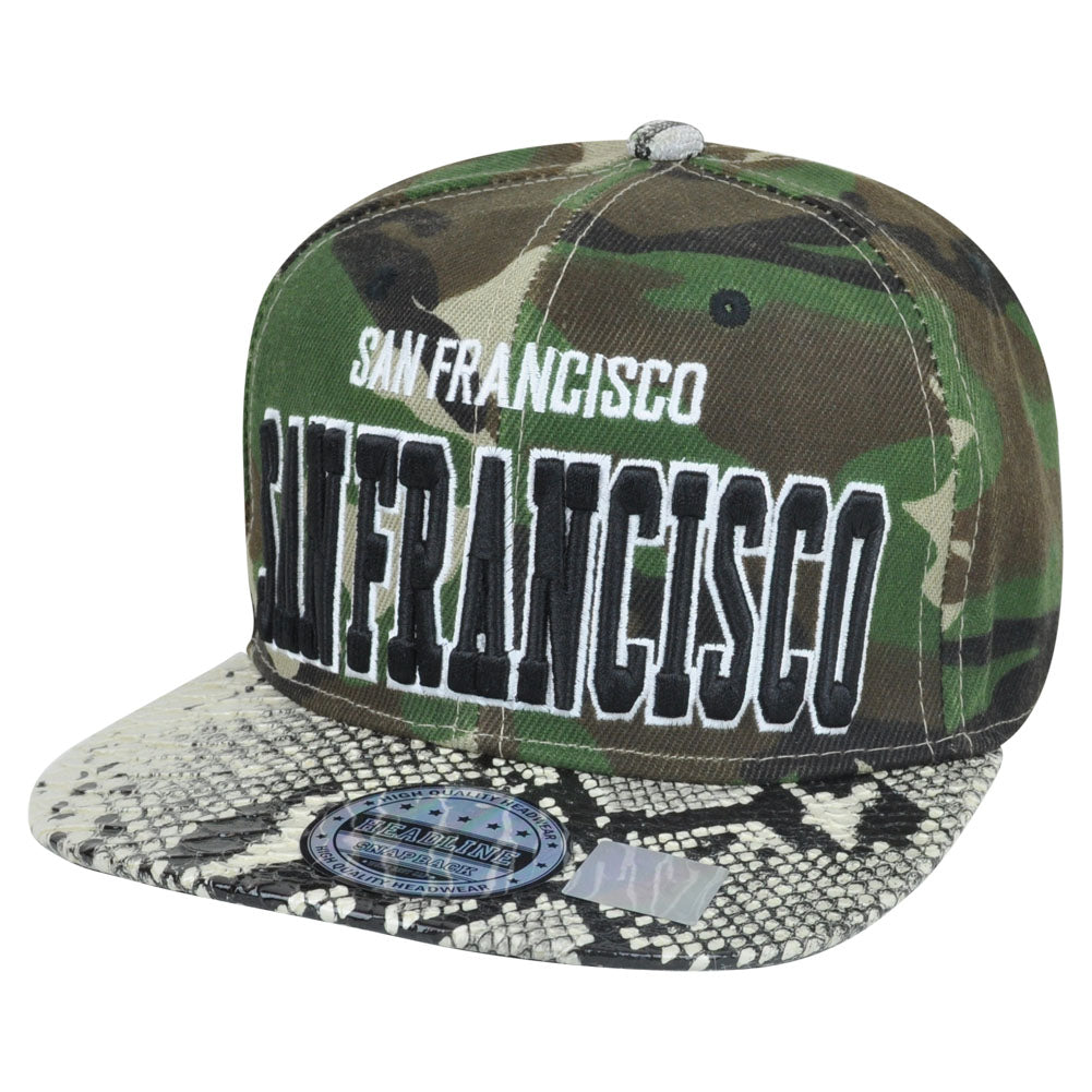 San Francisco Light Faux Snake Skin Camo Camouflage Snapback Flat Bill Hat Cap