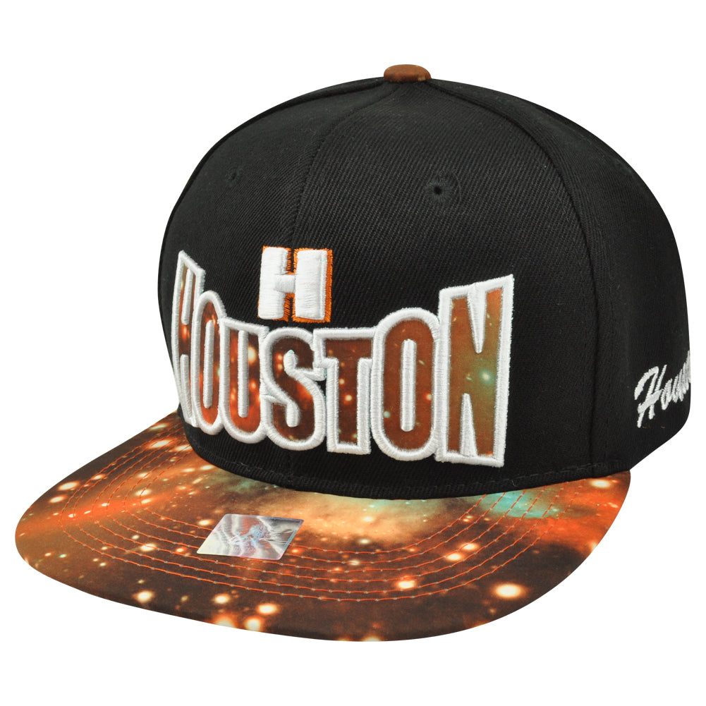 Houston H Town City Black Galactic Sublimated Galaxy Flat Bill Snapback Hat Cap