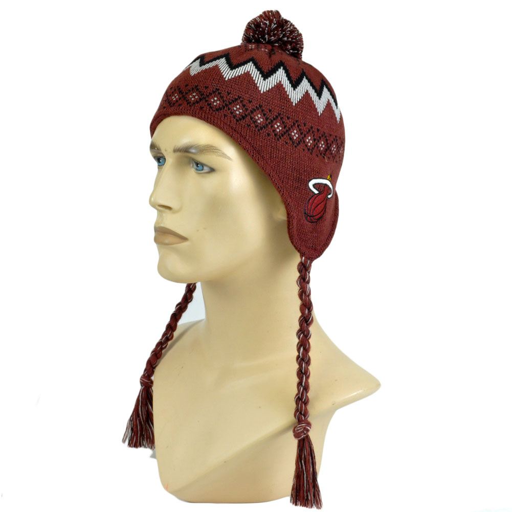 NBA Adidas 26F6X Miami Heat Kids Nordic Ear Laps Pom Pom Acrylic Knit Beanie Hat