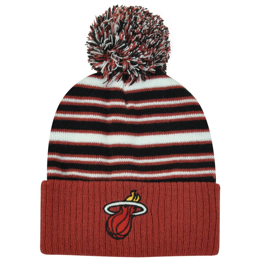 NBA Adidas Miami Heat Striped Pom Pom Cuffed Kids Boys 4-7 Knit Beanie Toque Hat
