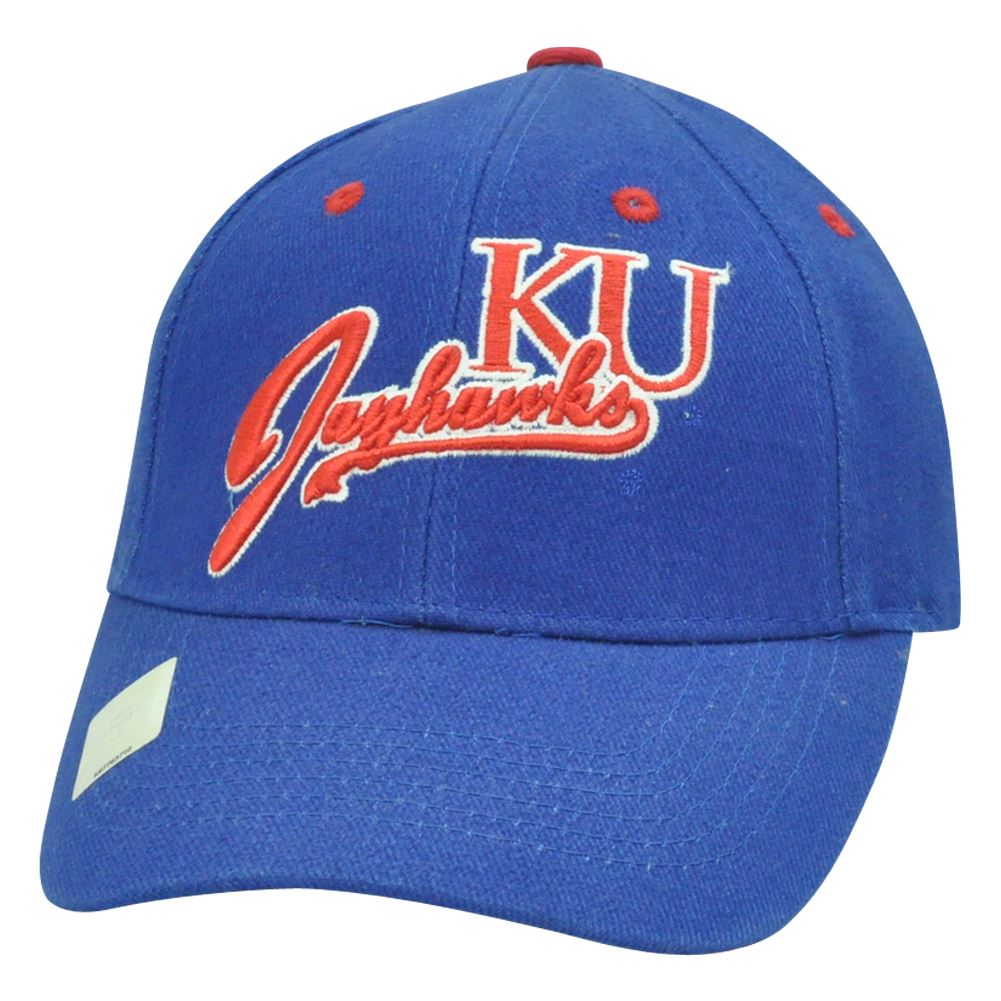 NCAA KU Kansas Jayhawks Curved Script Constructed Adjustable Blue Hat Cap