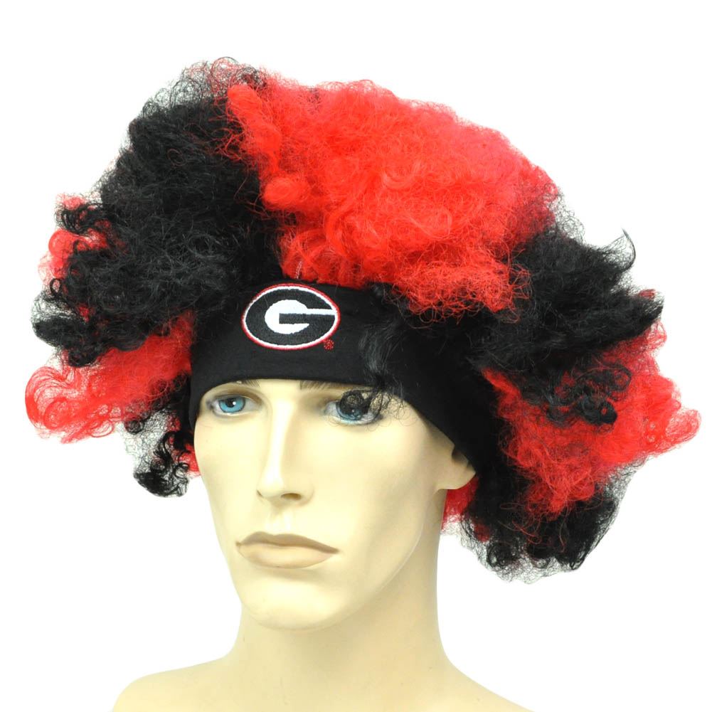NCAA Georgia Bulldog Comb Afro Curly Head Wig Game Day Fan Red Black Faux Hair
